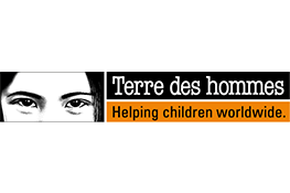 The Terre Des Hommes logo - a child's eyes next to the white on black text 'Terre des hommes', ontop of the black on orange text 'Helping children worldwide.'