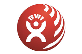 Logo de Building and Wood Worker's International - une sphère rouge à l'intérieur de laquelle il y a un homme de dessin animé blanc brandissant les lettres `` BWI ''