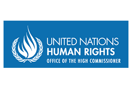 Le logo du Haut-Commissariat des Nations Unies aux droits de l'homme - un rectangle bleu dans lequel il y a une flamme blanche et le texte «Bureau du Haut-Commissaire des Nations Unies aux droits de l'homme».