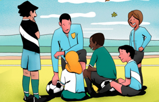 Cartoon image of young children sitting on the ground with footballs and their coach.