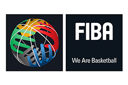 El logo de FIBA ​​- varias manos multicolores alrededor de la silueta blanca de una pelota de baloncesto, sobre un fondo negro, junto a esta en blanco, el texto 'FIBA, We Are Basketball'