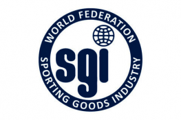 The World Federation of the Sporting Goods Industry logo - a blue ring in which there is the white text 'World Federation, Sporting Goods Industry', in the centre of which there is the blue text 'SGI'. The dot of the I is a globe.