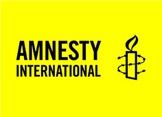 Amnestyy International Logo - Yellow background, with Amnesty International in black text, and an icon of a candle wrapped in barbed wire