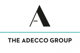 El logotipo de Adecco Group: una gran 'A' negra con una línea azul debajo y el texto 'The Adecco Group' en blanco y negro sobre un fondo blanco